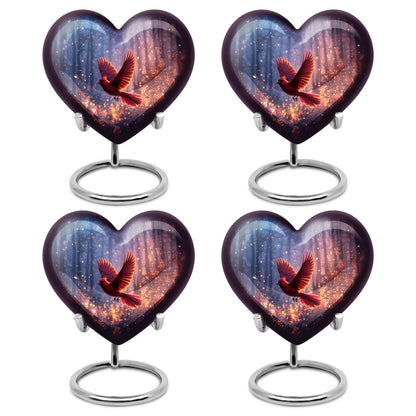 Icy Blue Cardinal Cremation Urn angled view of lid and engraved motif - loving heart memorial featuring cardinal pattern - 10 inch aluminum urn for cremated remains