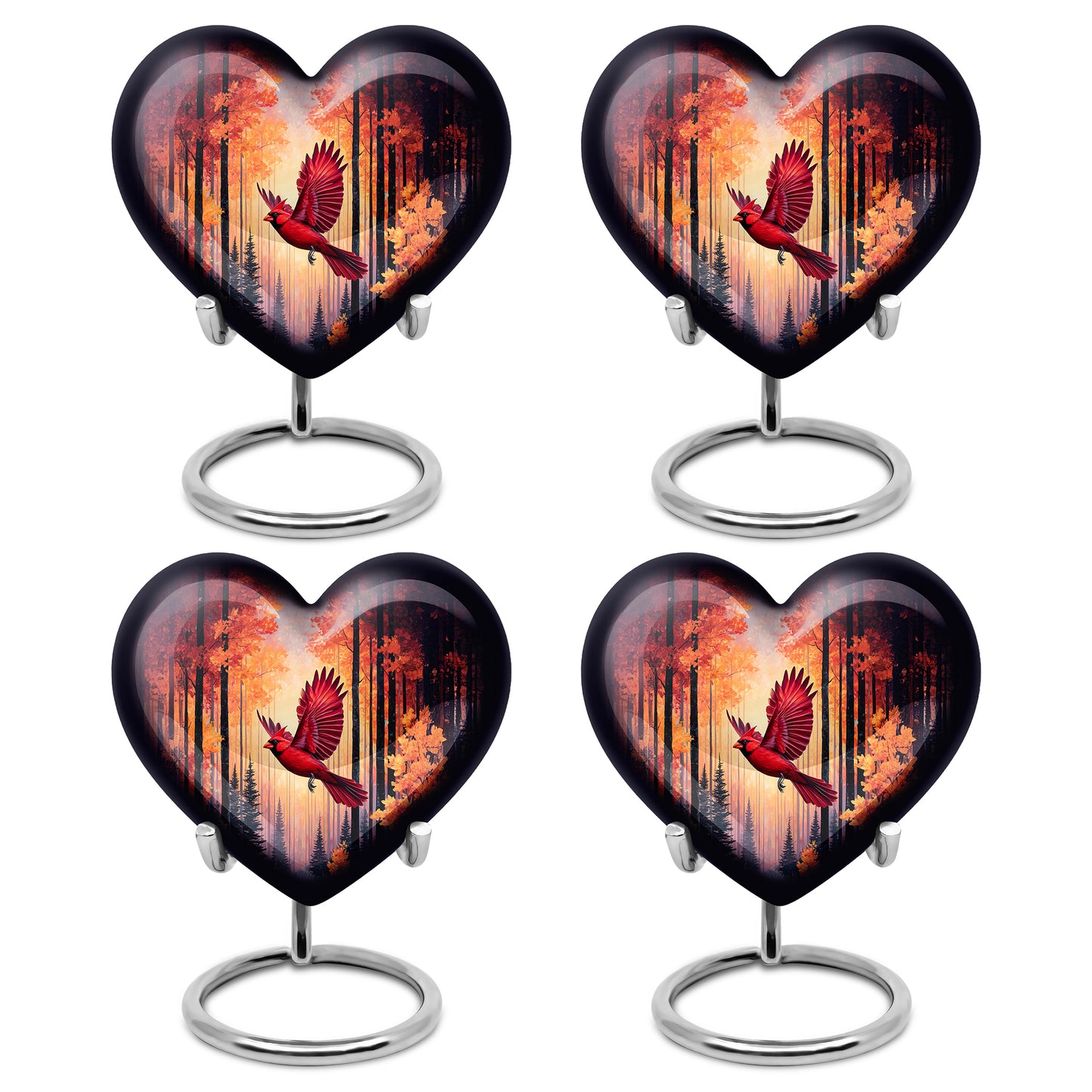 Garnet Red Cardinal Cremation Urn angled view of lid and engraved motif - loving heart memorial featuring cardinal pattern - 10 inch aluminum urn for cremated remains