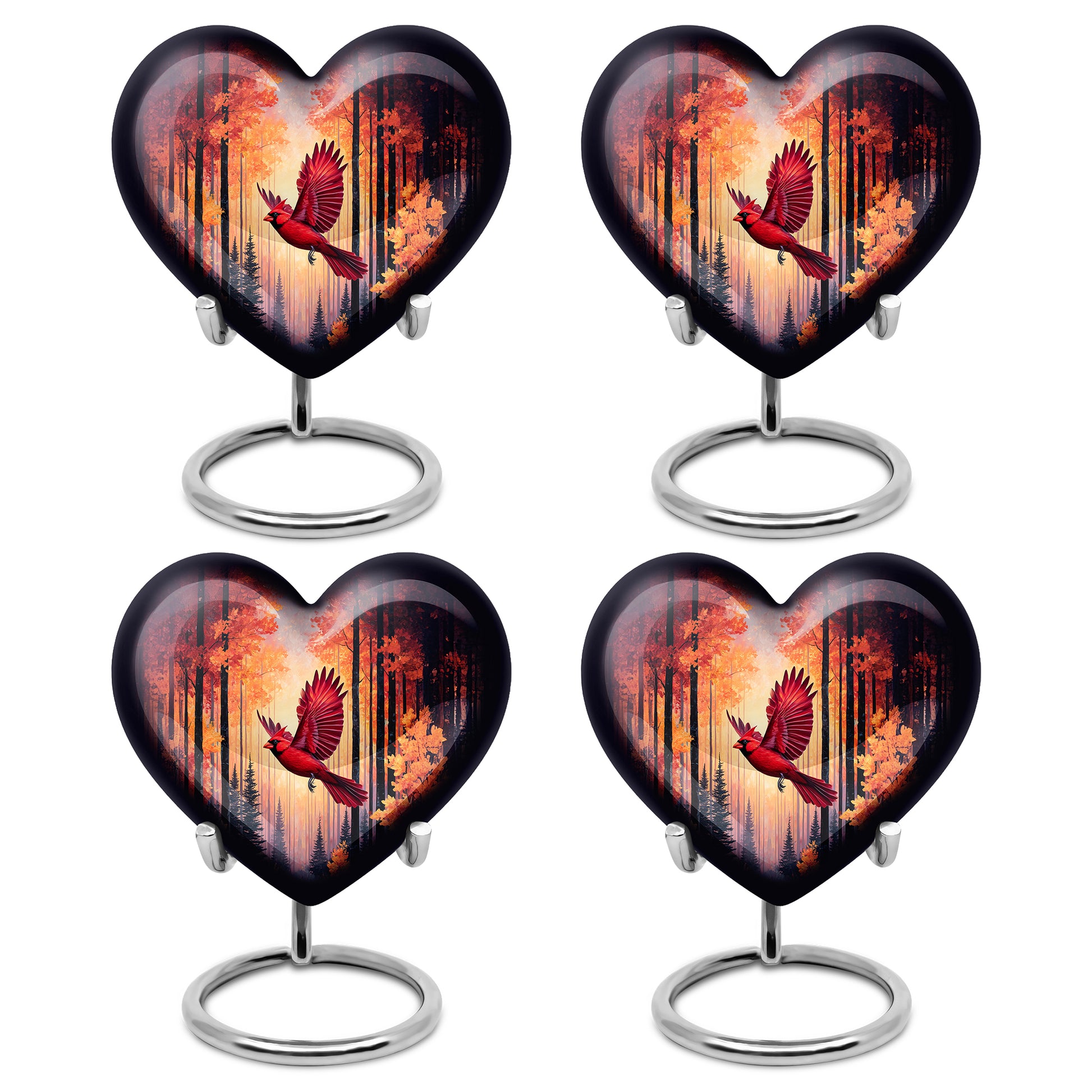Garnet Red Cardinal Cremation Urn angled view of lid and engraved motif - loving heart memorial featuring cardinal pattern - 10 inch aluminum urn for cremated remains