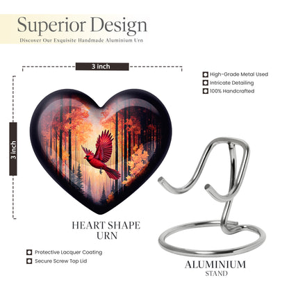 Ruby Red Cardinal Cremation Urn front view showing detailed design - romantic heart urn with cardinal motif on aluminum - mini keepsake memorial for portion of cremation ashes