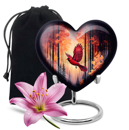 Wine Red Cardinal Cremation Urn detail view - loving heart memorial featuring cardinal pattern - full-size 10 inch 200 cubic inch adult cremation urn