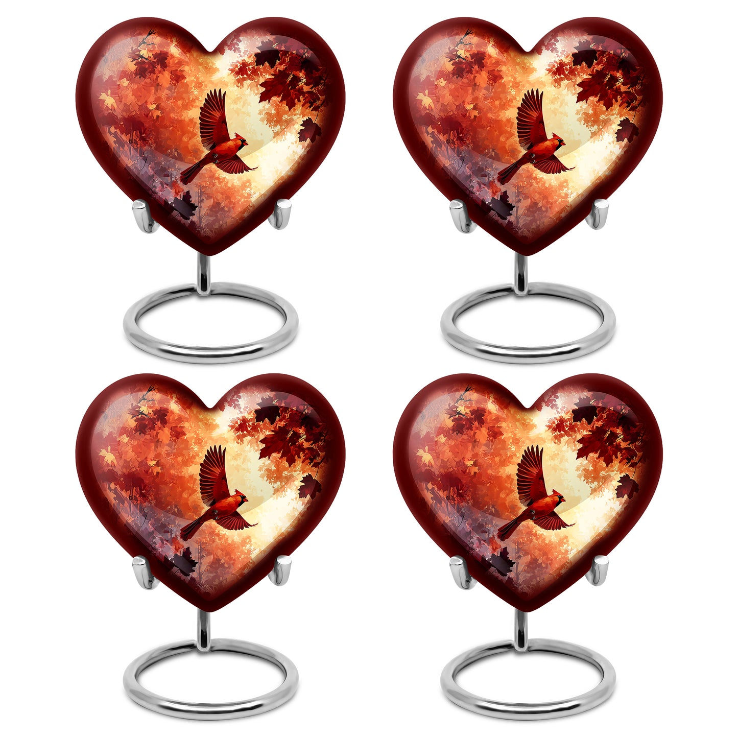 Cherry Red Cardinal Cremation Urn angled view of lid and engraved motif - romantic heart urn with cardinal motif on aluminum - 10 inch aluminum urn for cremated remains
