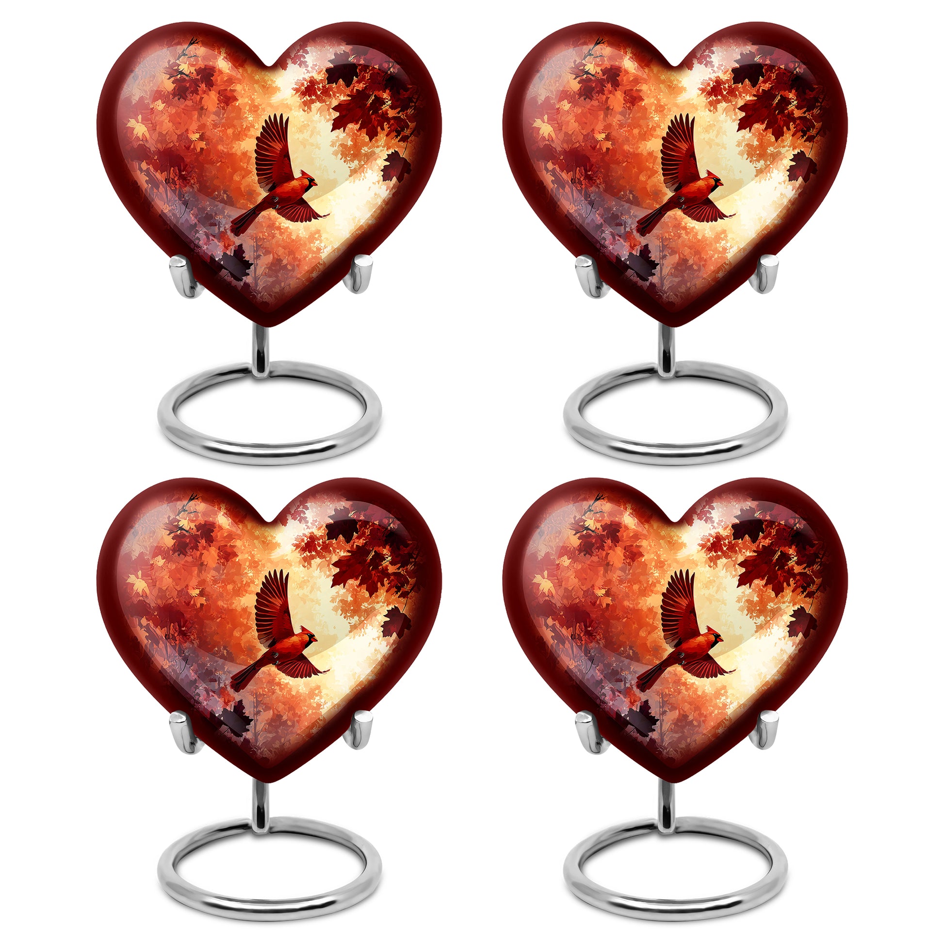 Cherry Red Cardinal Cremation Urn angled view of lid and engraved motif - romantic heart urn with cardinal motif on aluminum - 10 inch aluminum urn for cremated remains