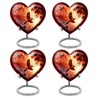 Cherry Red Cardinal Cremation Urn angled view of lid and engraved motif - romantic heart urn with cardinal motif on aluminum - 10 inch aluminum urn for cremated remains
