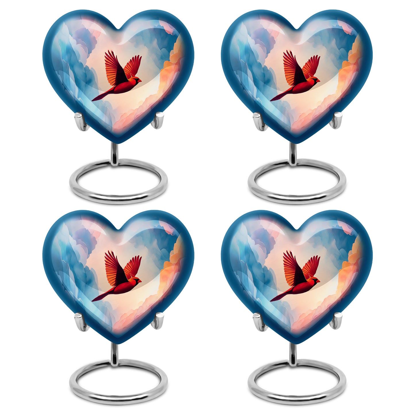 Icy Blue Cardinal Cremation Urn angled view of lid and engraved motif - heart-shaped cardinal design symbolizing eternal love - 10 inch aluminum urn for cremated remains