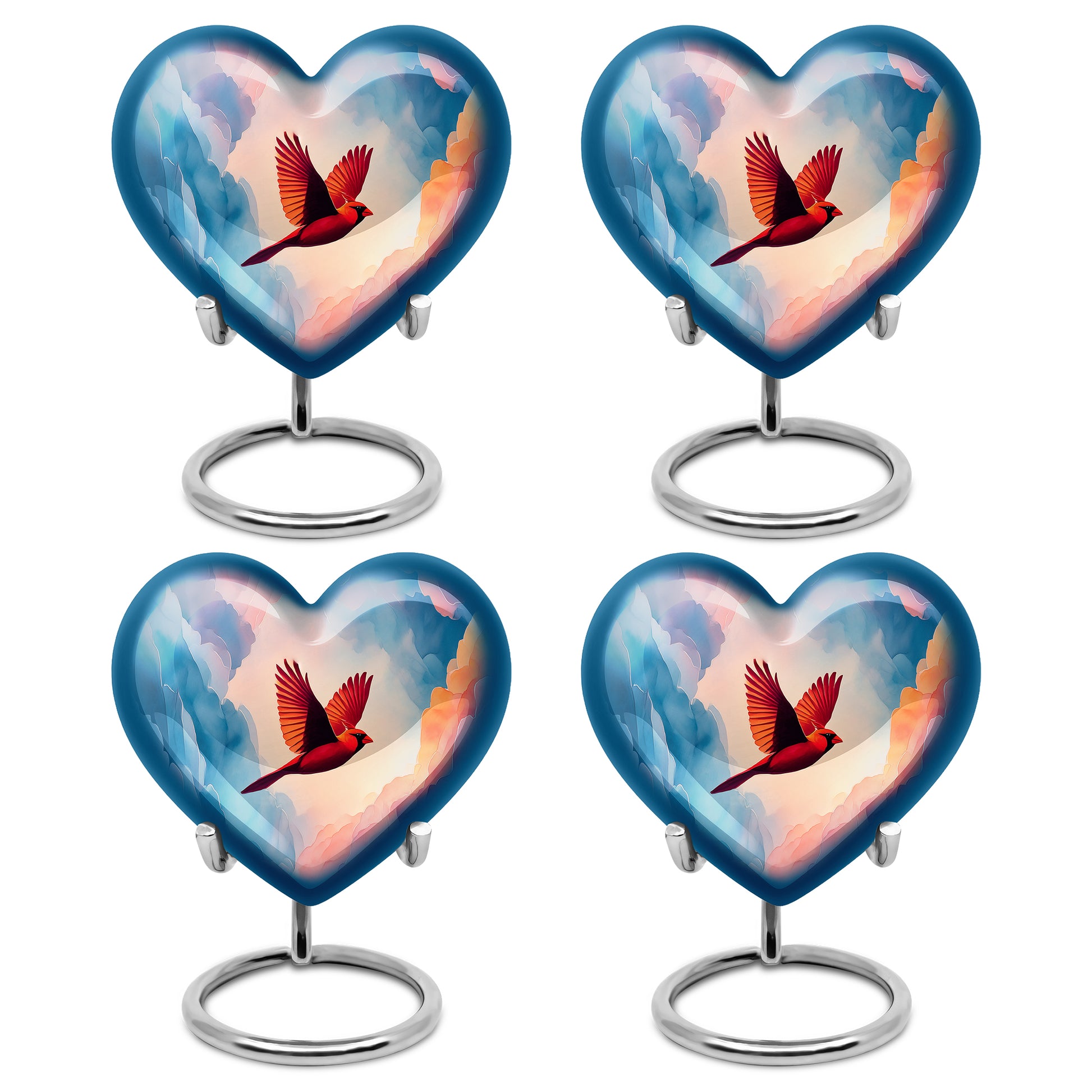 Icy Blue Cardinal Cremation Urn angled view of lid and engraved motif - heart-shaped cardinal design symbolizing eternal love - 10 inch aluminum urn for cremated remains