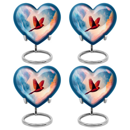 Icy Blue Cardinal Cremation Urn angled view of lid and engraved motif - heart-shaped cardinal design symbolizing eternal love - 10 inch aluminum urn for cremated remains