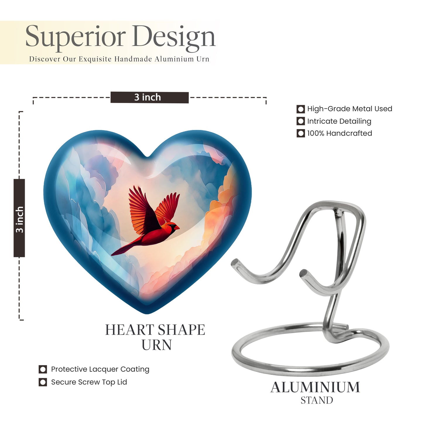 Soft Blue Cardinal Cremation Urn front view showing detailed design - compassionate heart-cardinal combination with gentle curves - mini keepsake memorial for portion of cremation ashes