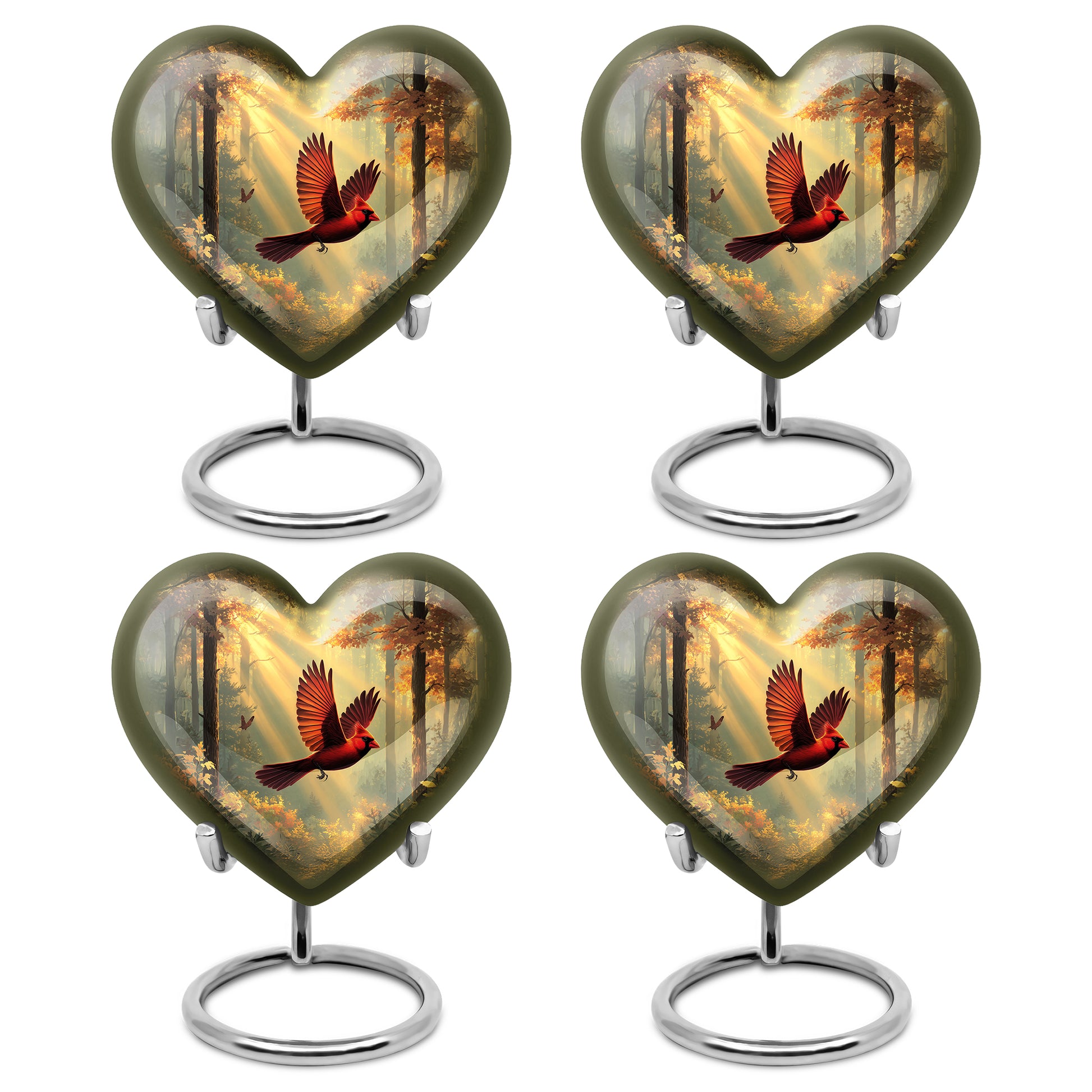 Burnished Gold Cardinal Cremation Urn angled view of lid and engraved motif - romantic heart urn with cardinal motif on aluminum - 10 inch aluminum urn for cremated remains