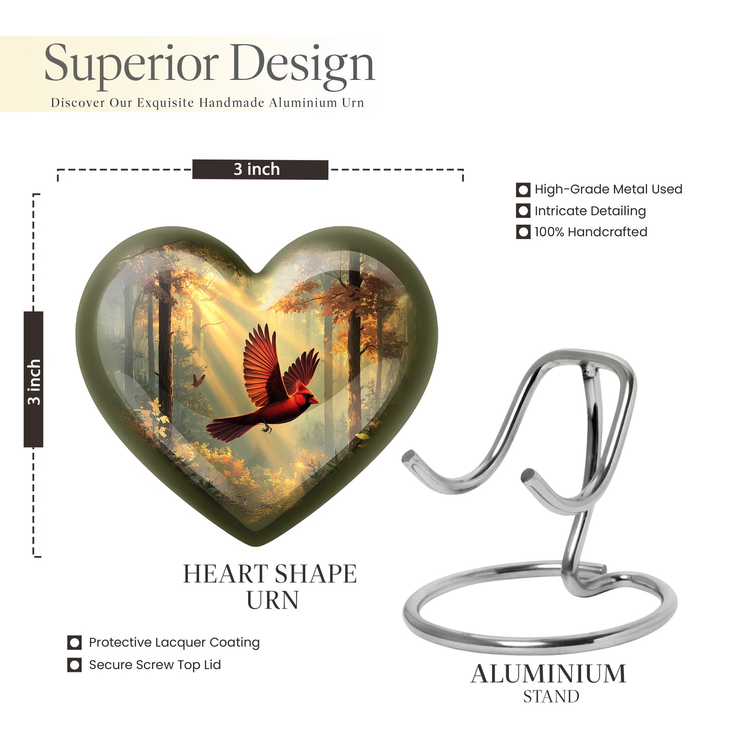 Gilded Gold Cardinal Cremation Urn front view showing detailed design - heart-shaped cardinal design symbolizing eternal love - mini keepsake memorial for portion of cremation ashes