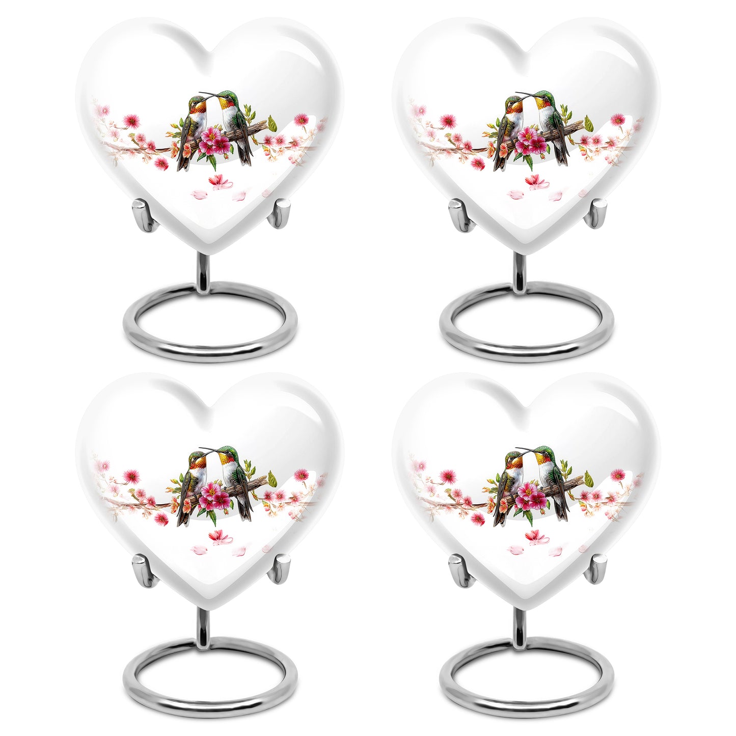 Moonlight Silver Hummingbird Cremation Urn angled view of lid and engraved motif - compassionate heart-hummingbird combination with gentle curves - 10 inch aluminum urn for cremated remains