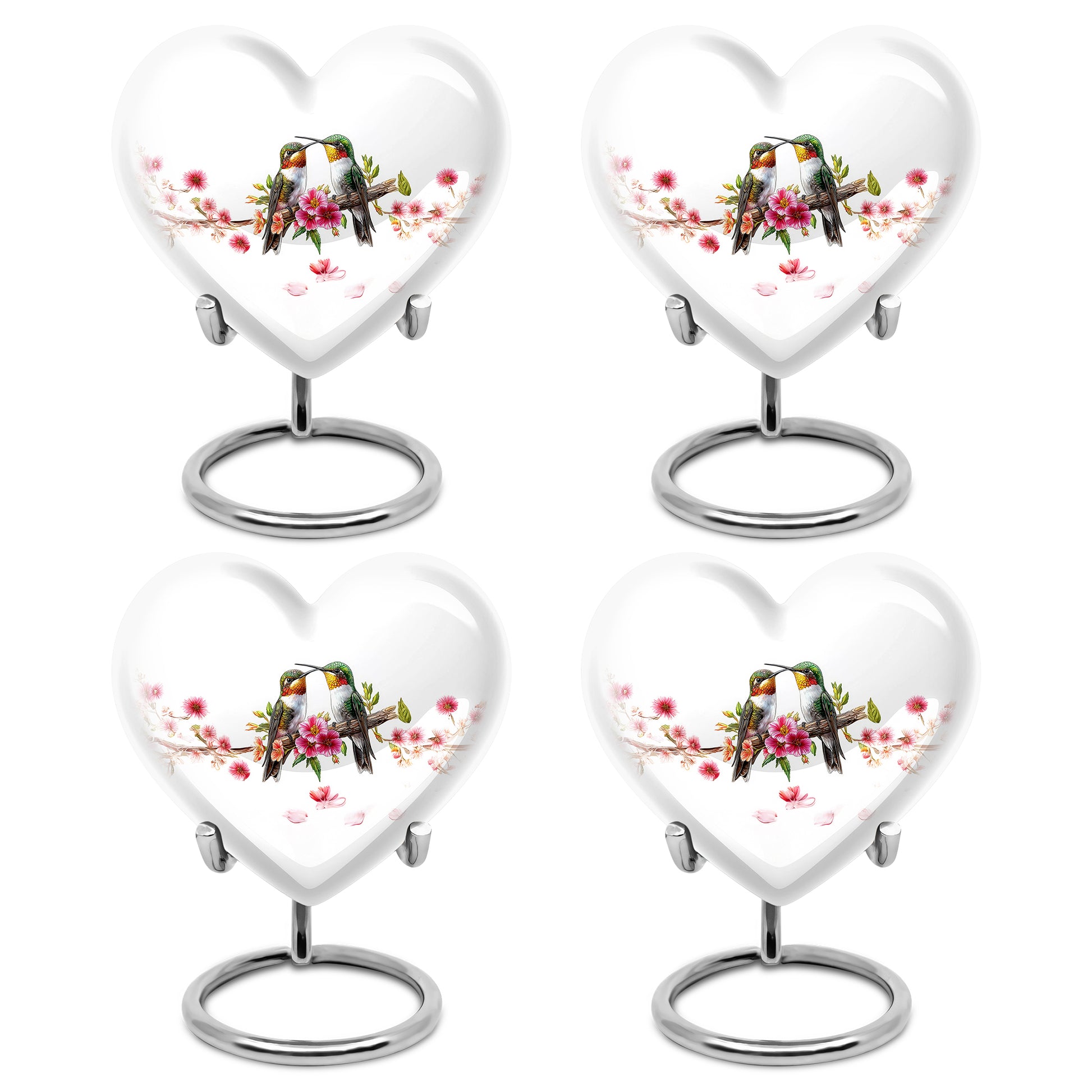 Moonlight Silver Hummingbird Cremation Urn angled view of lid and engraved motif - compassionate heart-hummingbird combination with gentle curves - 10 inch aluminum urn for cremated remains