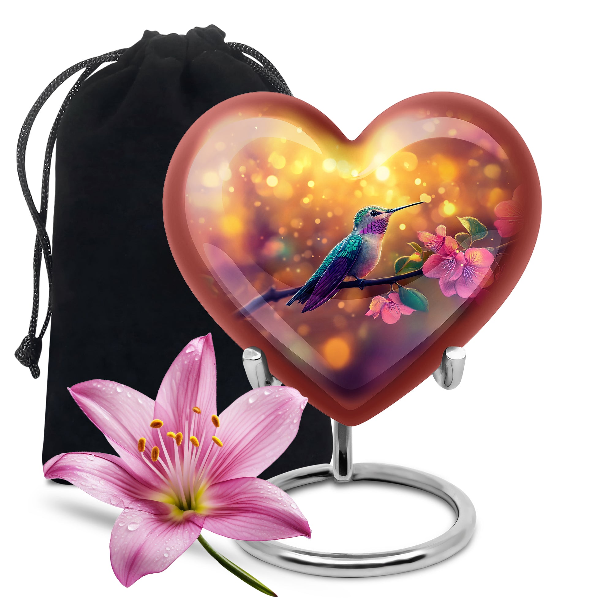 Burnished Gold Hummingbird Cremation Urn detail view - compassionate heart-hummingbird combination with gentle curves - full-size 10 inch 200 cubic inch adult cremation urn