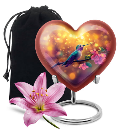 Burnished Gold Hummingbird Cremation Urn detail view - compassionate heart-hummingbird combination with gentle curves - full-size 10 inch 200 cubic inch adult cremation urn