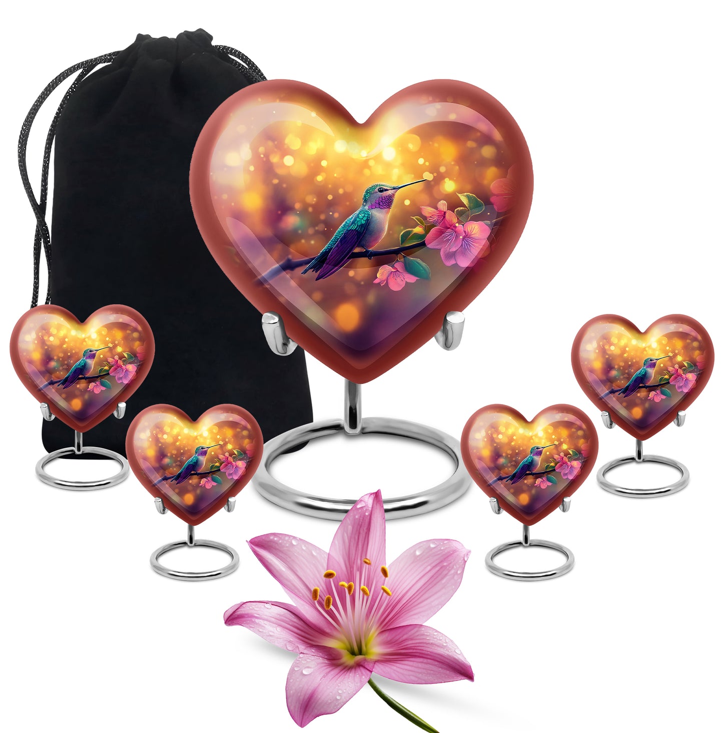 Sunrise Gold Hummingbird Cremation Urn close-up of engraving and surface detail - heart-shaped hummingbird design symbolizing eternal love - memorial set with one large and four small urns