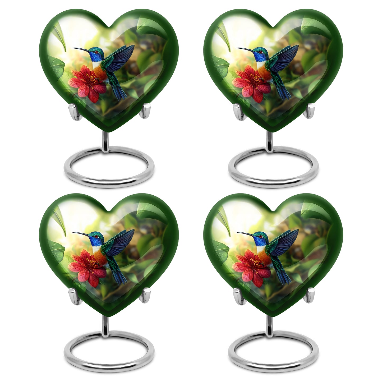 Golden Yellow Hummingbird Cremation Urn angled view of lid and engraved motif - loving heart memorial featuring hummingbird pattern - 10 inch aluminum urn for cremated remains