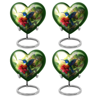 Golden Yellow Hummingbird Cremation Urn angled view of lid and engraved motif - loving heart memorial featuring hummingbird pattern - 10 inch aluminum urn for cremated remains