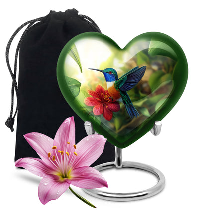 Soft Yellow Hummingbird Cremation Urn detail view - compassionate heart-hummingbird combination with gentle curves - full-size 10 inch 200 cubic inch adult cremation urn