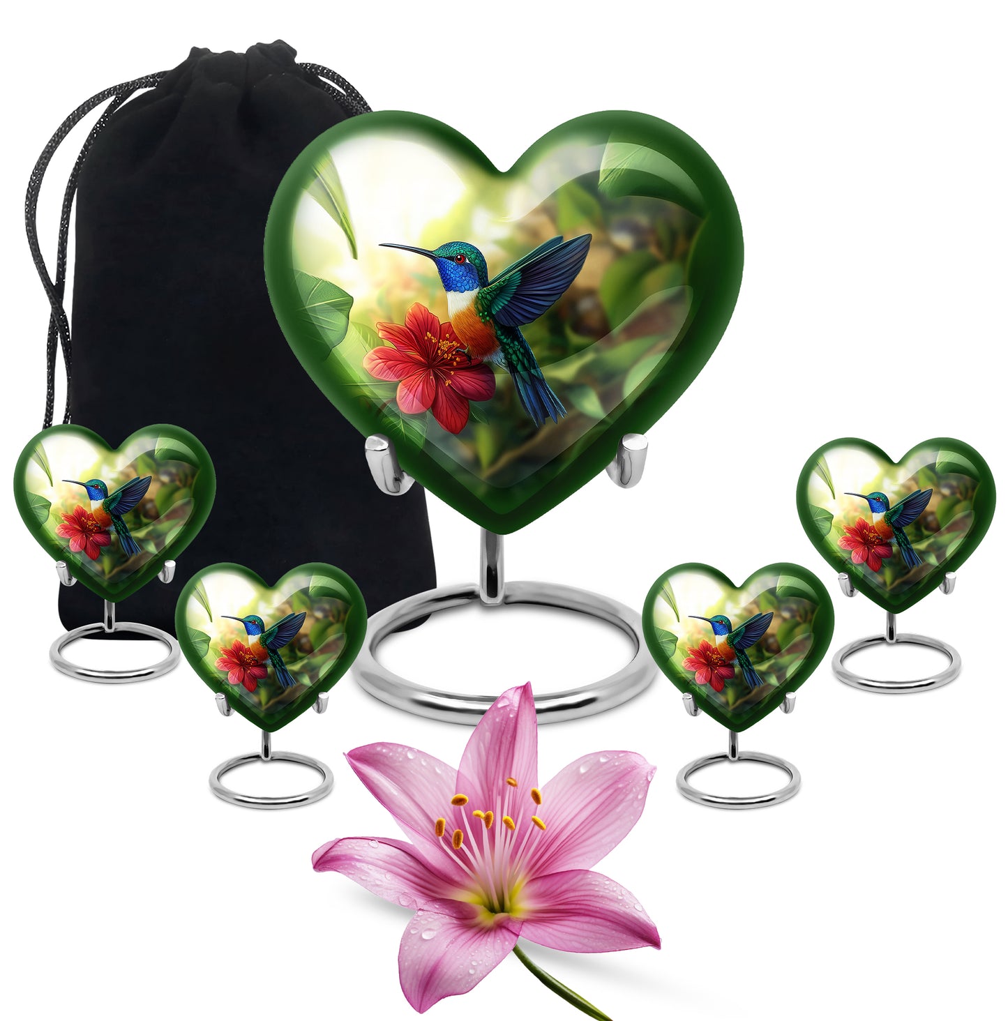 Amber Yellow Hummingbird Cremation Urn close-up of engraving and surface detail - heart-shaped hummingbird design symbolizing eternal love - memorial set with one large and four small urns