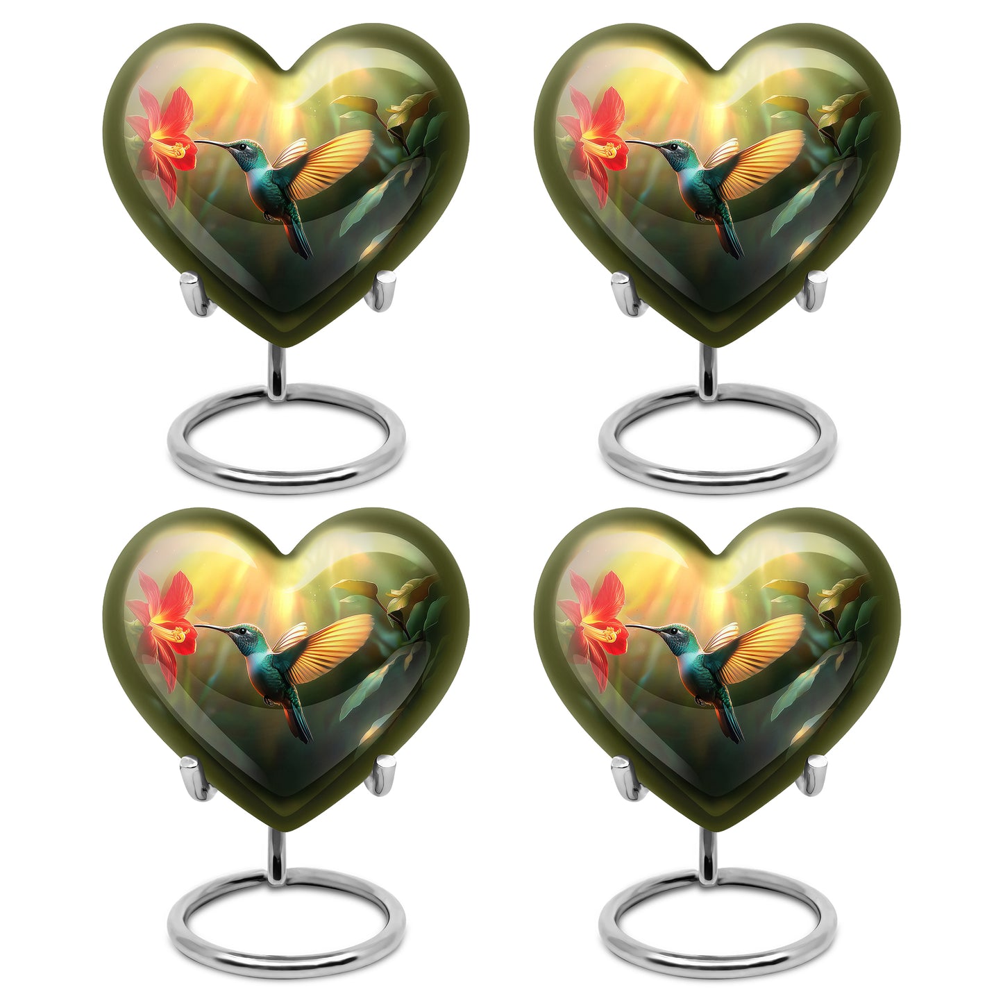 Antique Gold Hummingbird Cremation Urn angled view of lid and engraved motif - loving heart memorial featuring hummingbird pattern - 10 inch aluminum urn for cremated remains