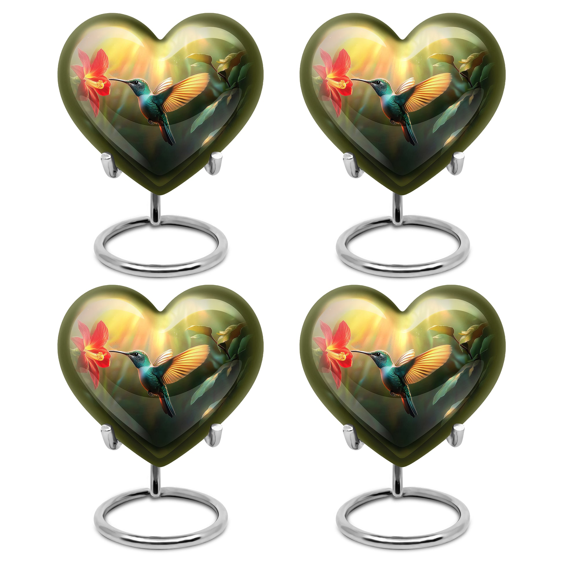 Antique Gold Hummingbird Cremation Urn angled view of lid and engraved motif - loving heart memorial featuring hummingbird pattern - 10 inch aluminum urn for cremated remains