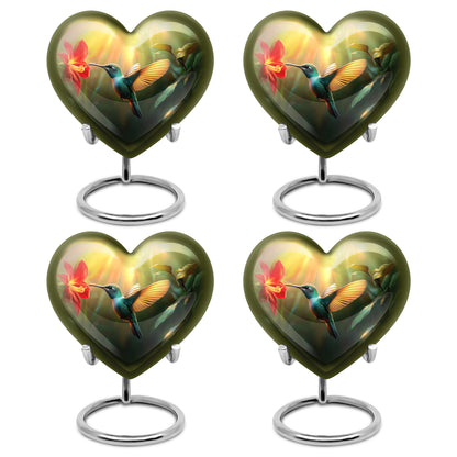 Antique Gold Hummingbird Cremation Urn angled view of lid and engraved motif - loving heart memorial featuring hummingbird pattern - 10 inch aluminum urn for cremated remains