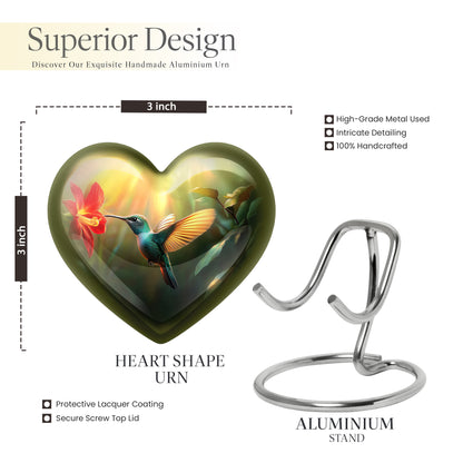 Burnished Gold Hummingbird Cremation Urn front view showing detailed design - romantic heart urn with hummingbird motif on aluminum - mini keepsake memorial for portion of cremation ashes