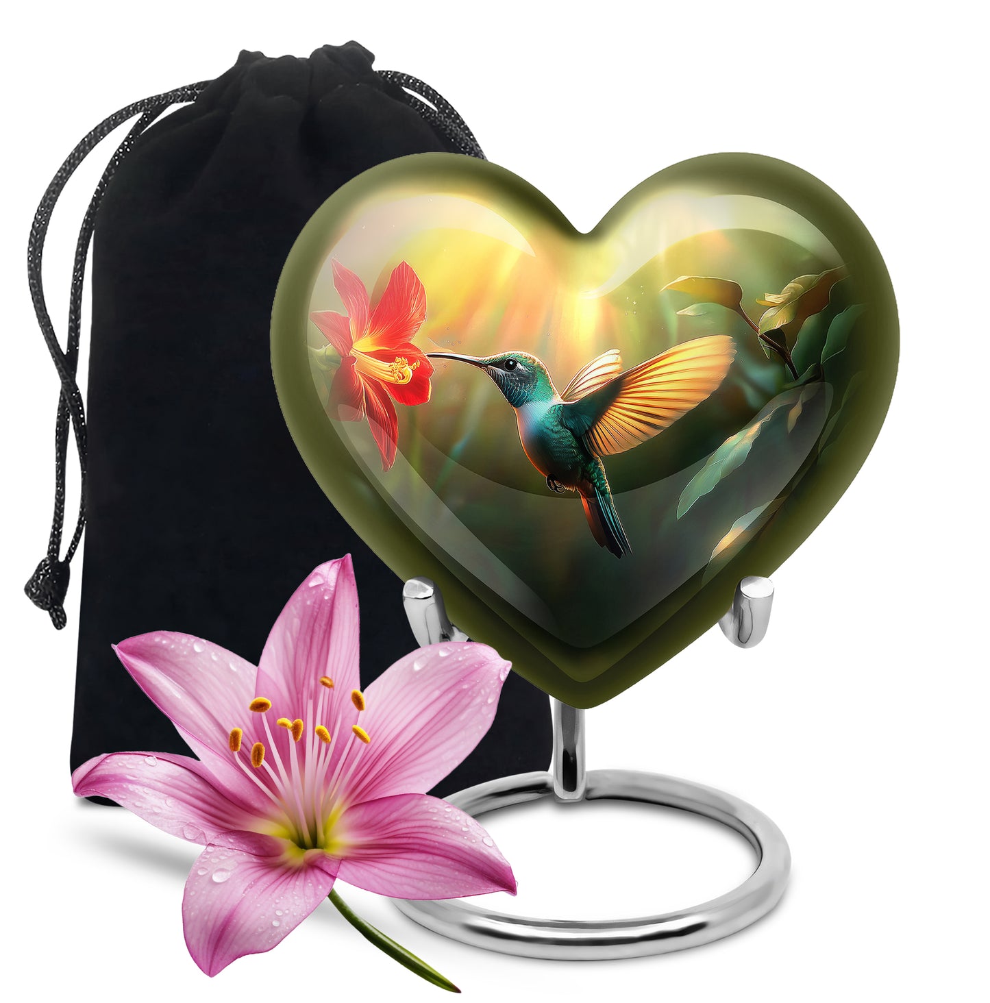Burnished Gold Hummingbird Cremation Urn detail view - compassionate heart-hummingbird combination with gentle curves - full-size 10 inch 200 cubic inch adult cremation urn