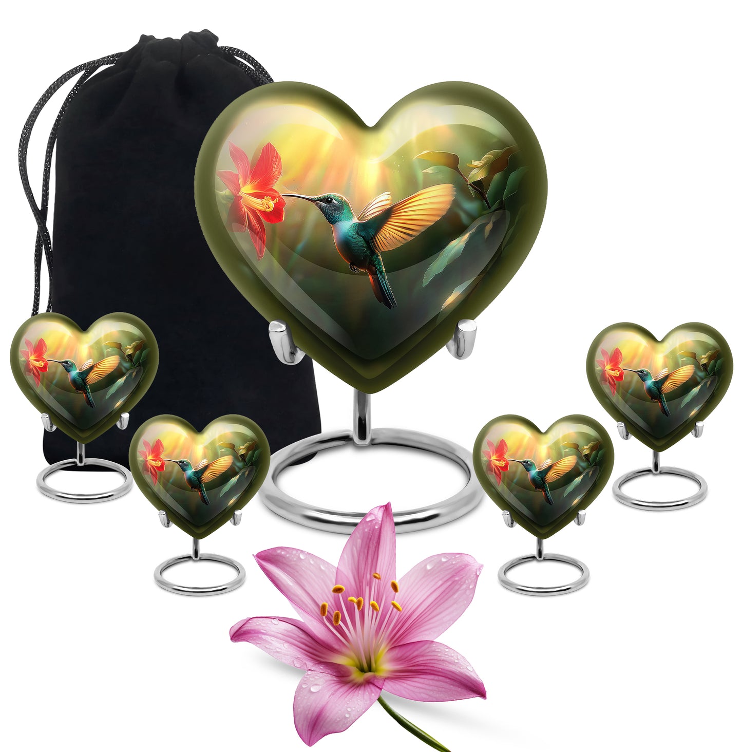 Antique Gold Hummingbird Cremation Urn close-up of engraving and surface detail - heart-shaped hummingbird design symbolizing eternal love - memorial set with one large and four small urns