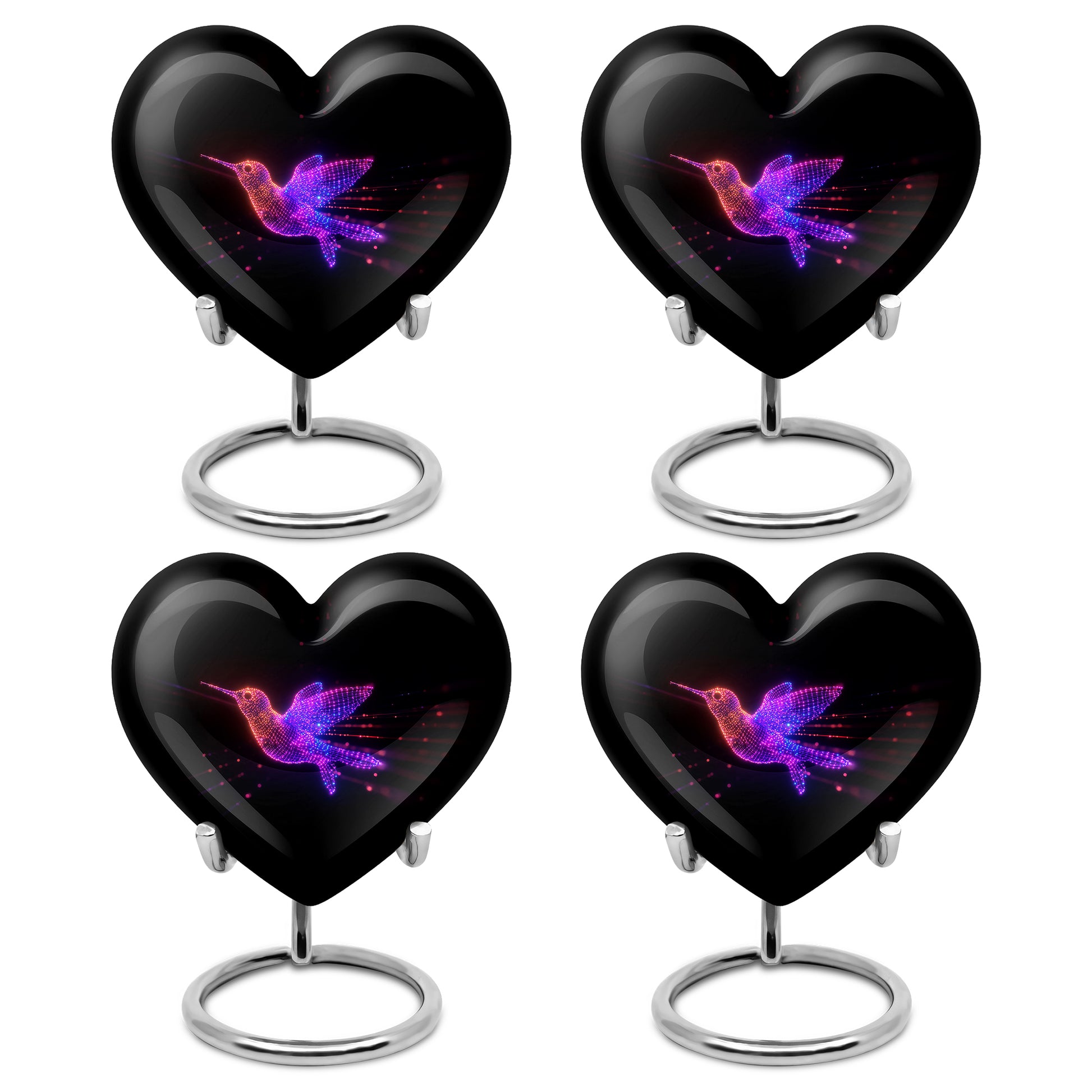 Glossy Black Hummingbird Cremation Urn angled view of lid and engraved motif - loving heart memorial featuring hummingbird pattern - 10 inch aluminum urn for cremated remains
