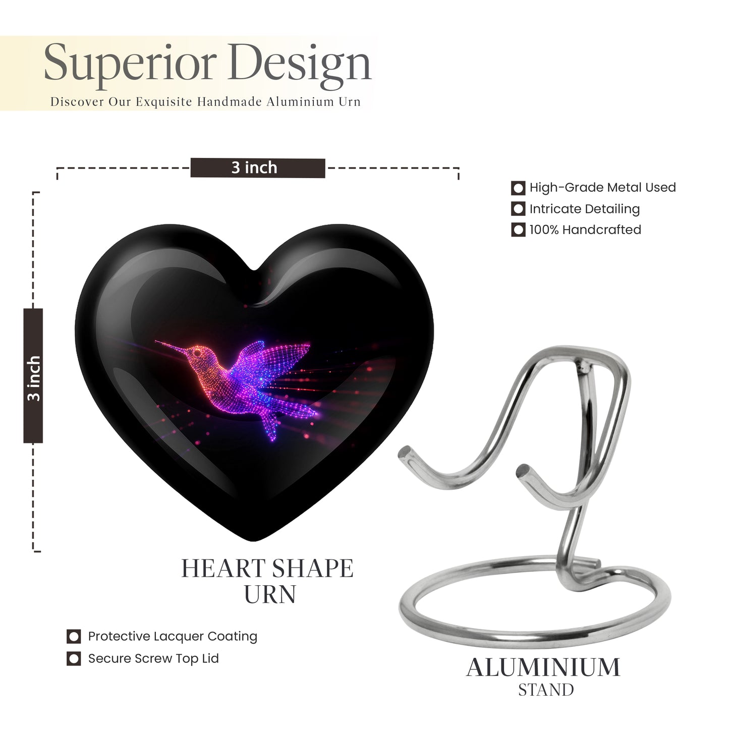 Deep Black Hummingbird Cremation Urn front view showing detailed design - loving heart memorial featuring hummingbird pattern - mini keepsake memorial for portion of cremation ashes