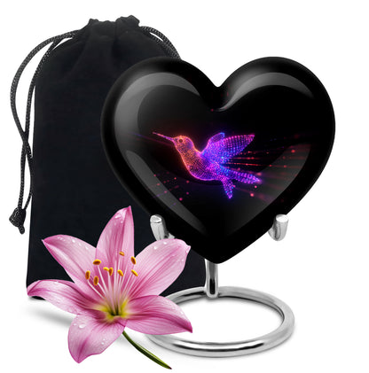 Charcoal Black Hummingbird Cremation Urn detail view - compassionate heart-hummingbird combination with gentle curves - full-size 10 inch 200 cubic inch adult cremation urn