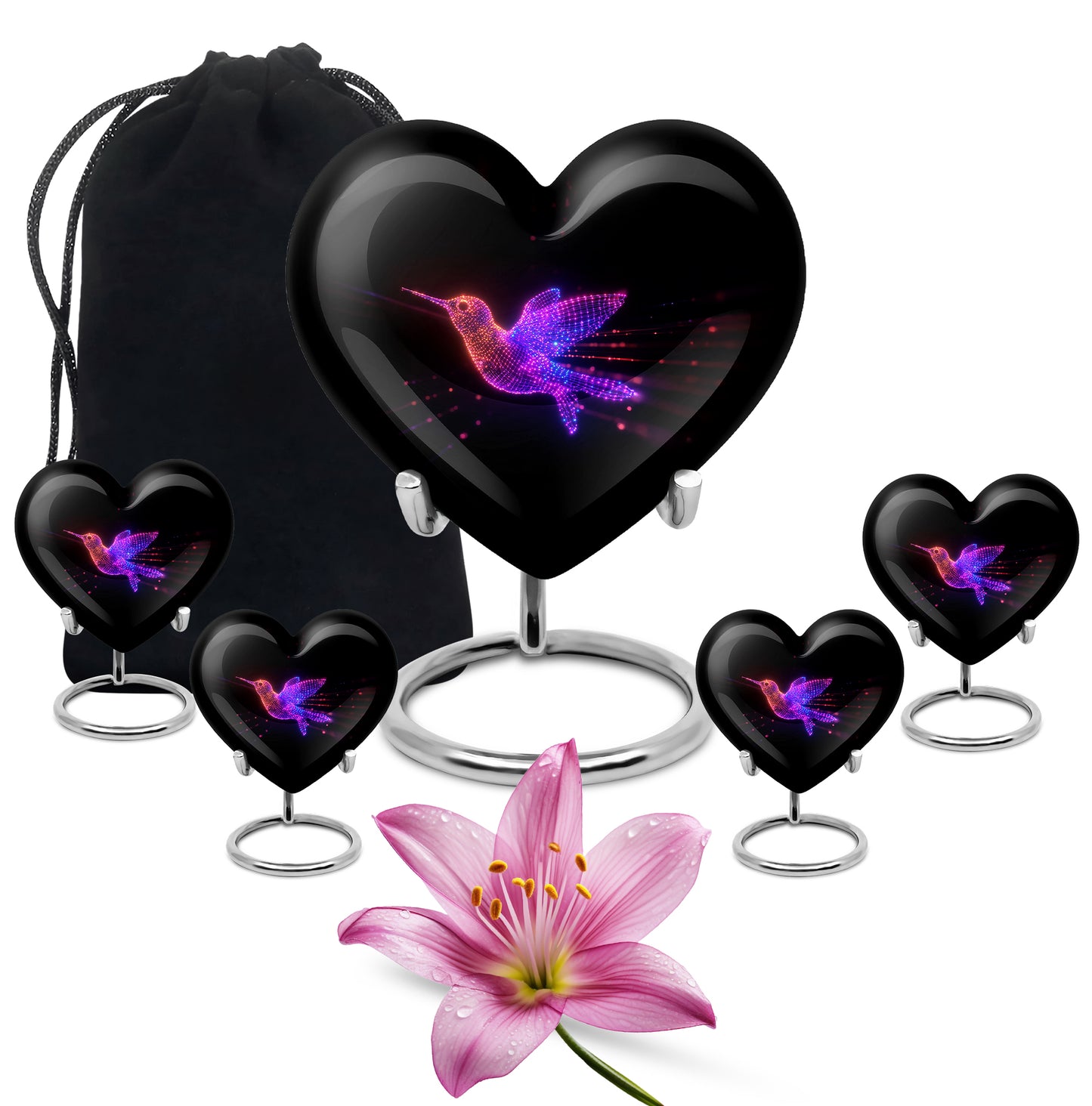 Deep Black Hummingbird Cremation Urn close-up of engraving and surface detail - heart-shaped hummingbird design symbolizing eternal love - memorial set with one large and four small urns