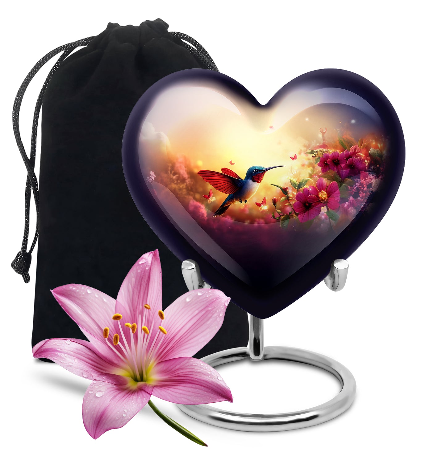 Burnished Gold Hummingbird Cremation Urn detail view - romantic heart urn with hummingbird motif on aluminum - full-size 10 inch 200 cubic inch adult cremation urn