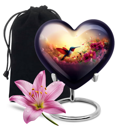 Burnished Gold Hummingbird Cremation Urn detail view - romantic heart urn with hummingbird motif on aluminum - full-size 10 inch 200 cubic inch adult cremation urn
