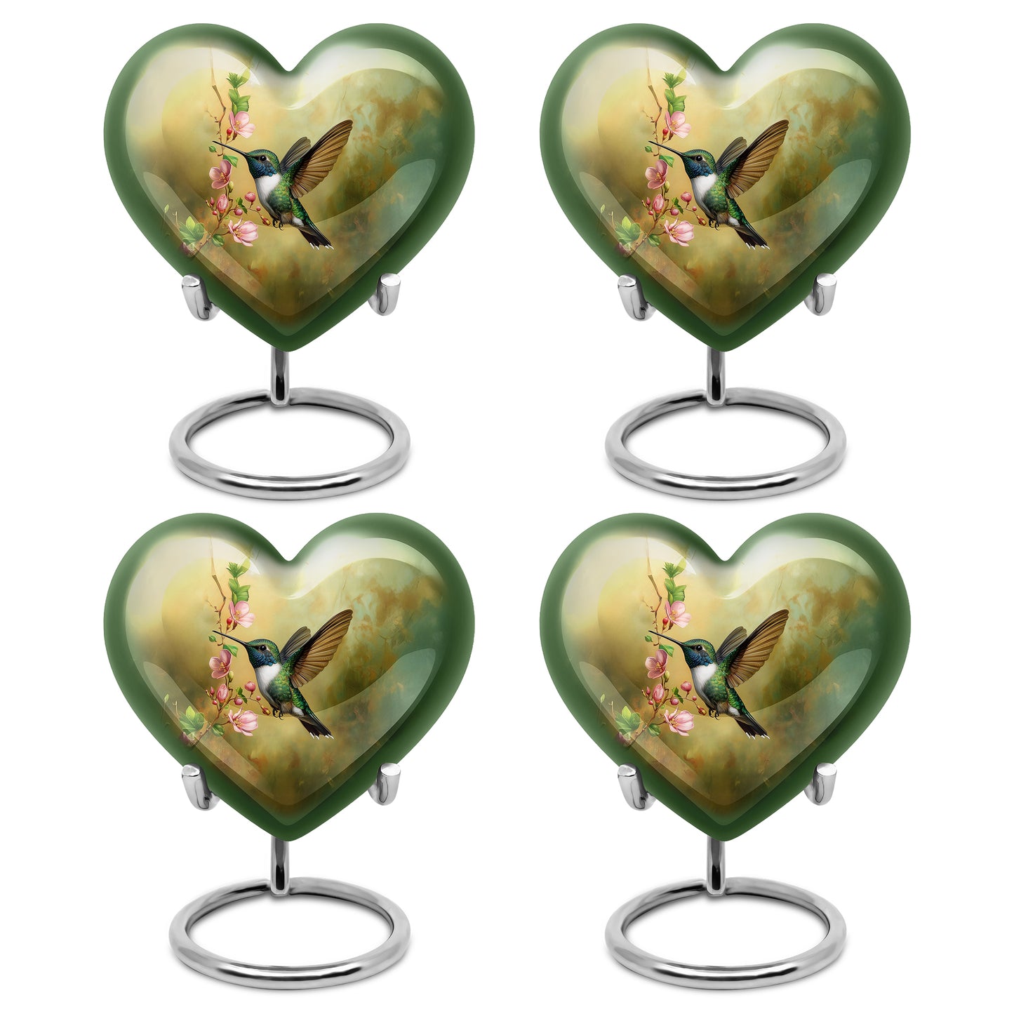 Burnished Gold Hummingbird Cremation Urn angled view of lid and engraved motif - romantic heart urn with hummingbird motif on aluminum - 10 inch aluminum urn for cremated remains