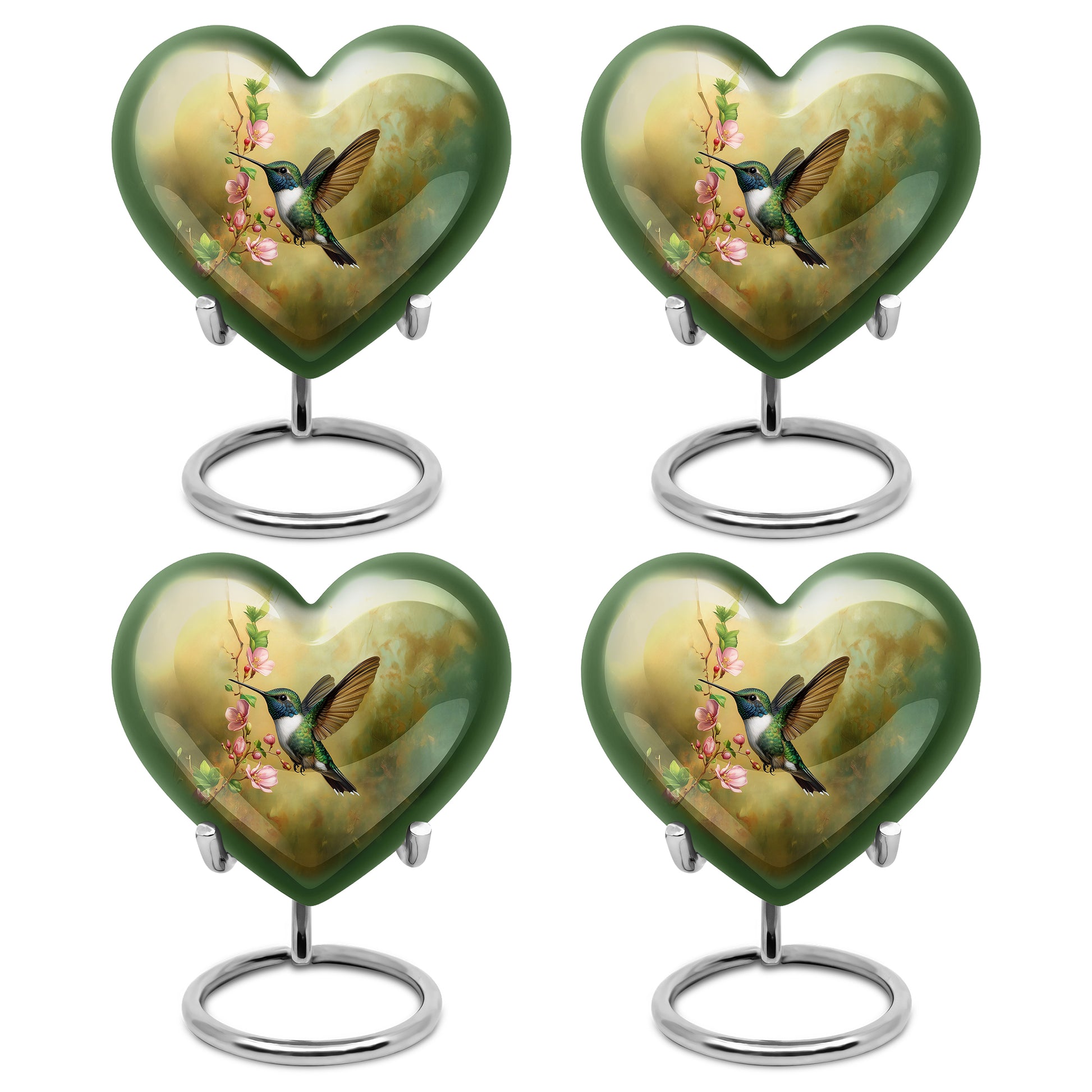 Burnished Gold Hummingbird Cremation Urn angled view of lid and engraved motif - romantic heart urn with hummingbird motif on aluminum - 10 inch aluminum urn for cremated remains
