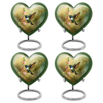 Burnished Gold Hummingbird Cremation Urn angled view of lid and engraved motif - romantic heart urn with hummingbird motif on aluminum - 10 inch aluminum urn for cremated remains