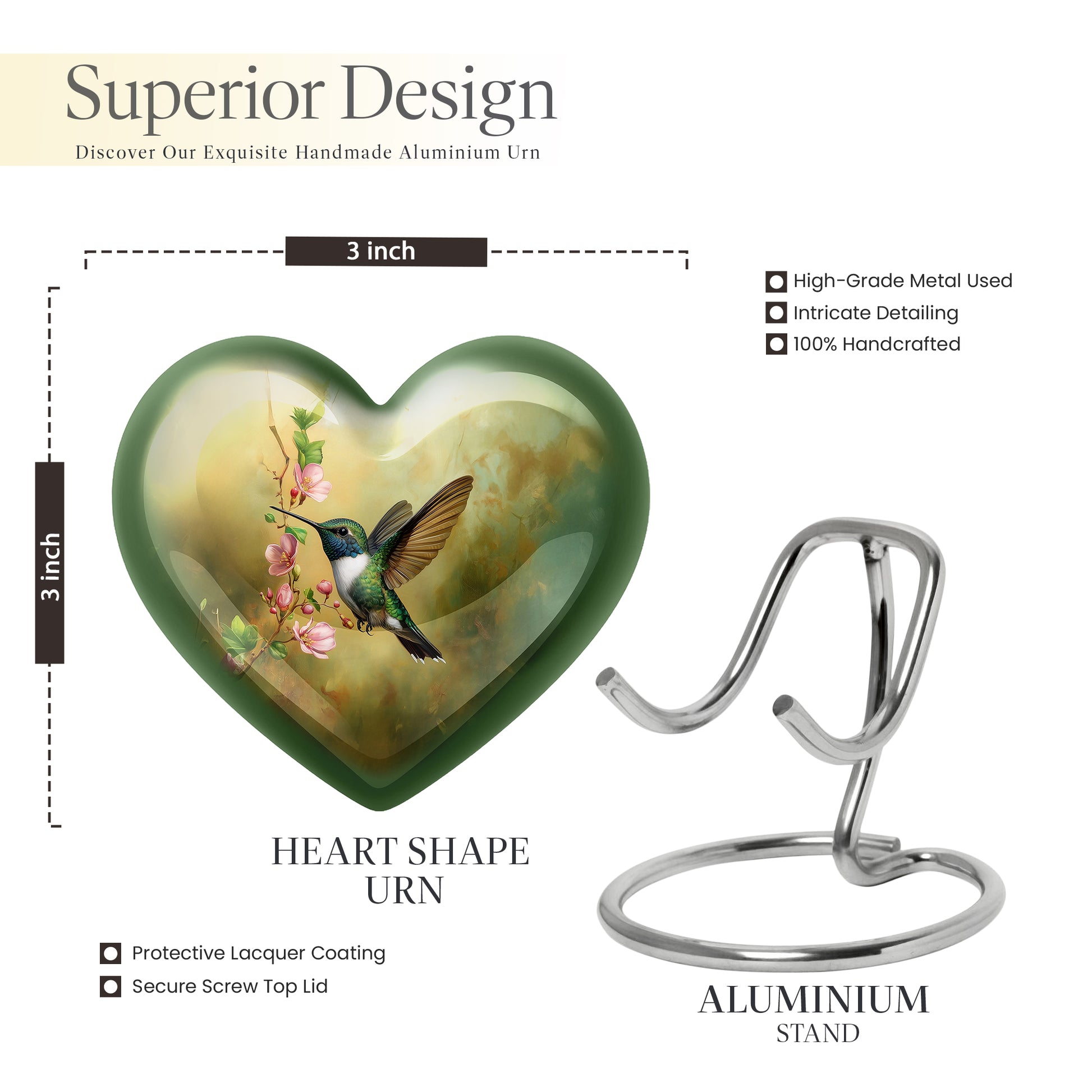 Royal Gold Hummingbird Cremation Urn front view showing detailed design - romantic heart urn with hummingbird motif on aluminum - mini keepsake memorial for portion of cremation ashes