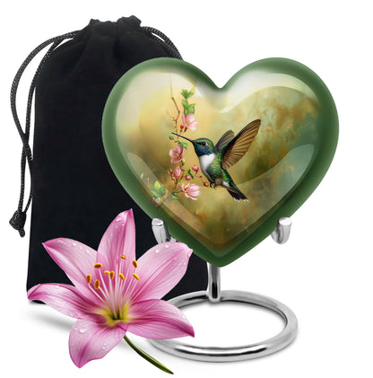 Royal Gold Hummingbird Cremation Urn detail view - compassionate heart-hummingbird combination with gentle curves - full-size 10 inch 200 cubic inch adult cremation urn