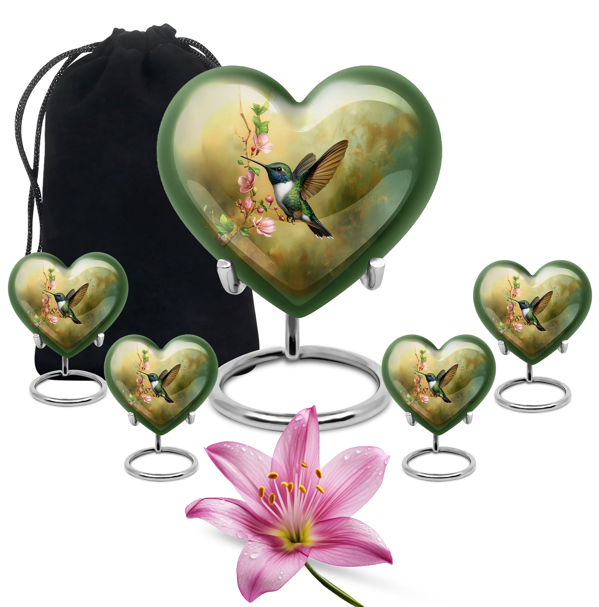 Warm Gold Hummingbird Cremation Urn close-up of engraving and surface detail - romantic heart urn with hummingbird motif on aluminum - memorial set with one large and four small urns