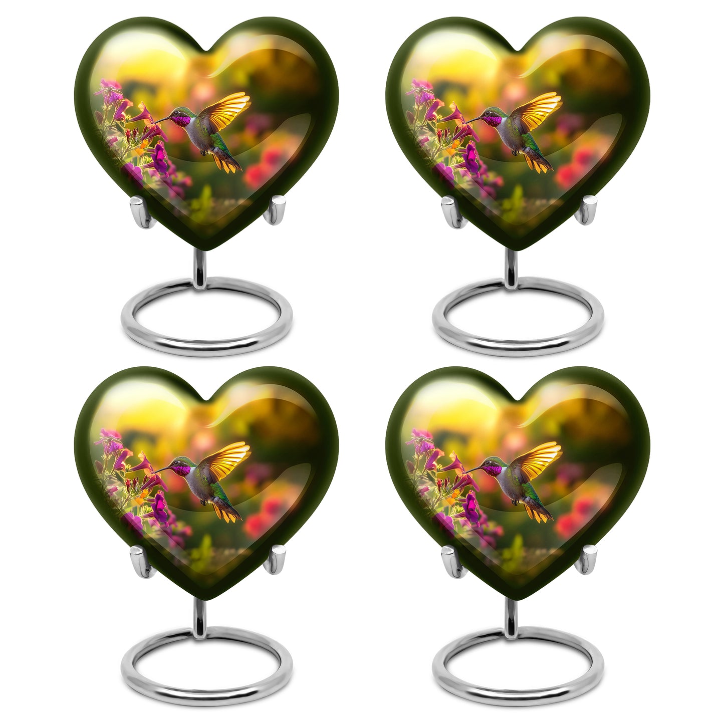 Champagne Gold Hummingbird Cremation Urn angled view of lid and engraved motif - loving heart memorial featuring hummingbird pattern - 10 inch aluminum urn for cremated remains