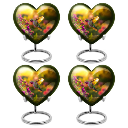 Champagne Gold Hummingbird Cremation Urn angled view of lid and engraved motif - loving heart memorial featuring hummingbird pattern - 10 inch aluminum urn for cremated remains