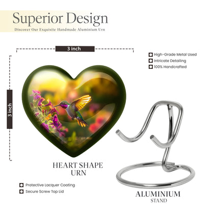 Sunrise Gold Hummingbird Cremation Urn front view showing detailed design - loving heart memorial featuring hummingbird pattern - mini keepsake memorial for portion of cremation ashes