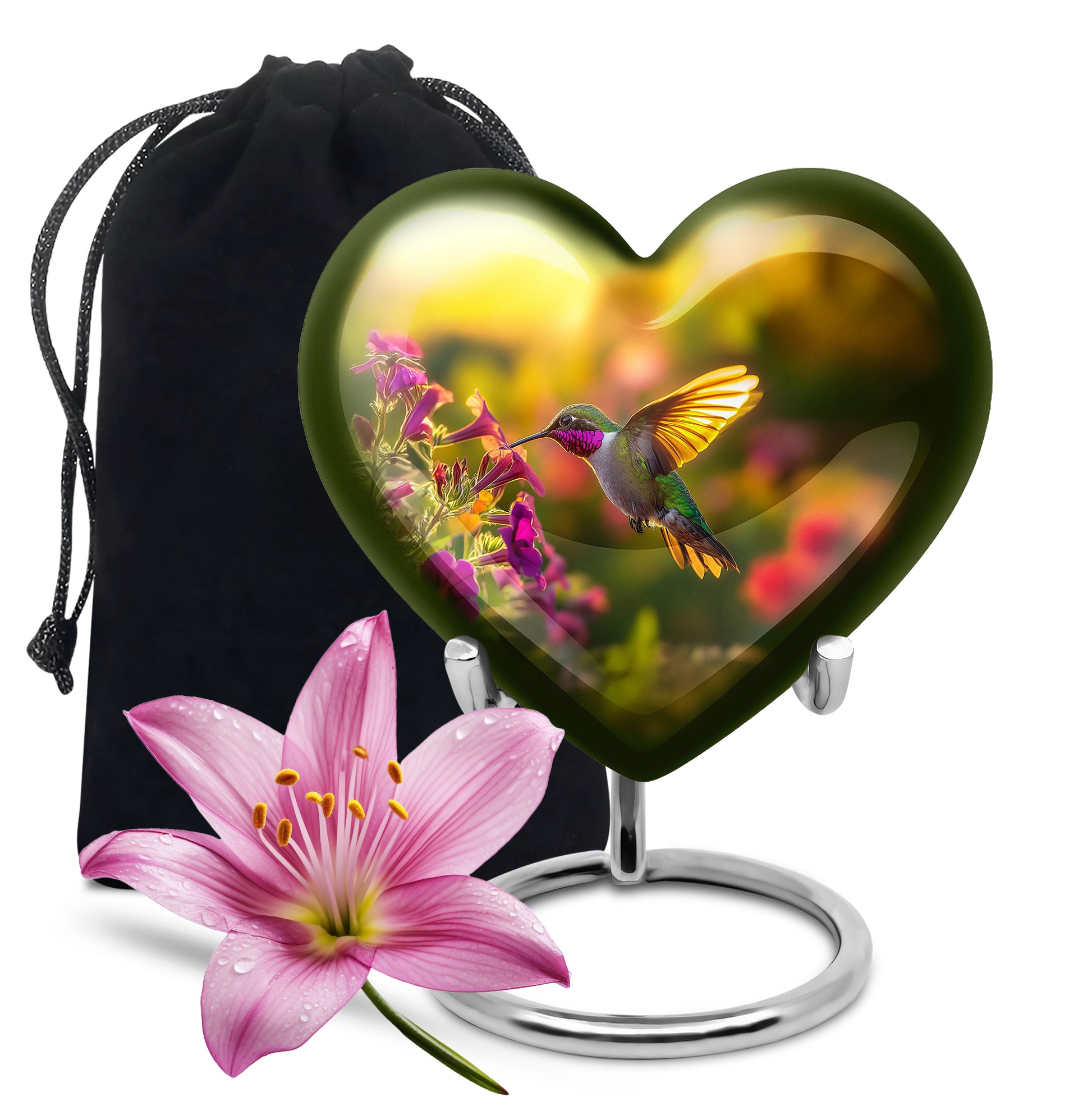 Harvest Gold Hummingbird Cremation Urn detail view - romantic heart urn with hummingbird motif on aluminum - full-size 10 inch 200 cubic inch adult cremation urn