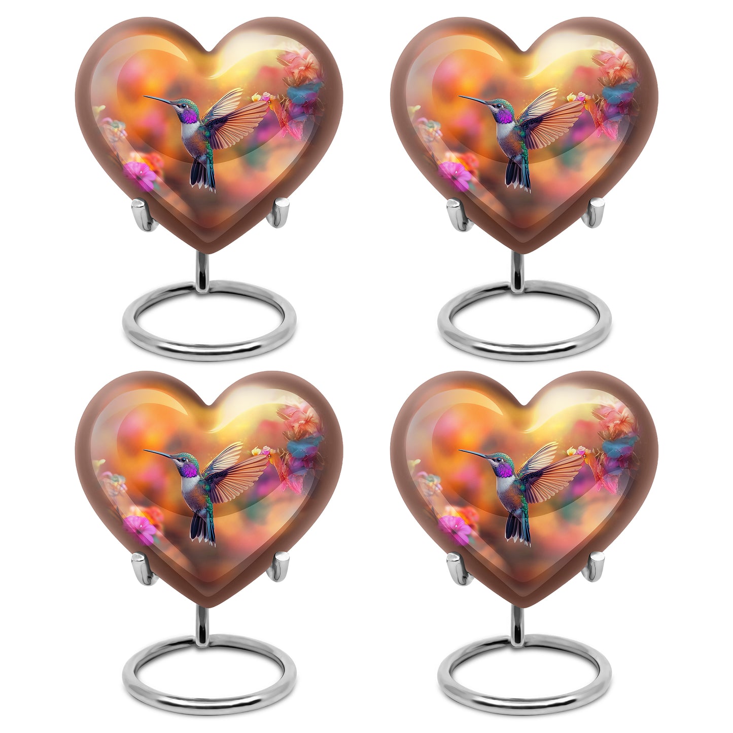 Gilded Gold Hummingbird Cremation Urn angled view of lid and engraved motif - loving heart memorial featuring hummingbird pattern - 10 inch aluminum urn for cremated remains