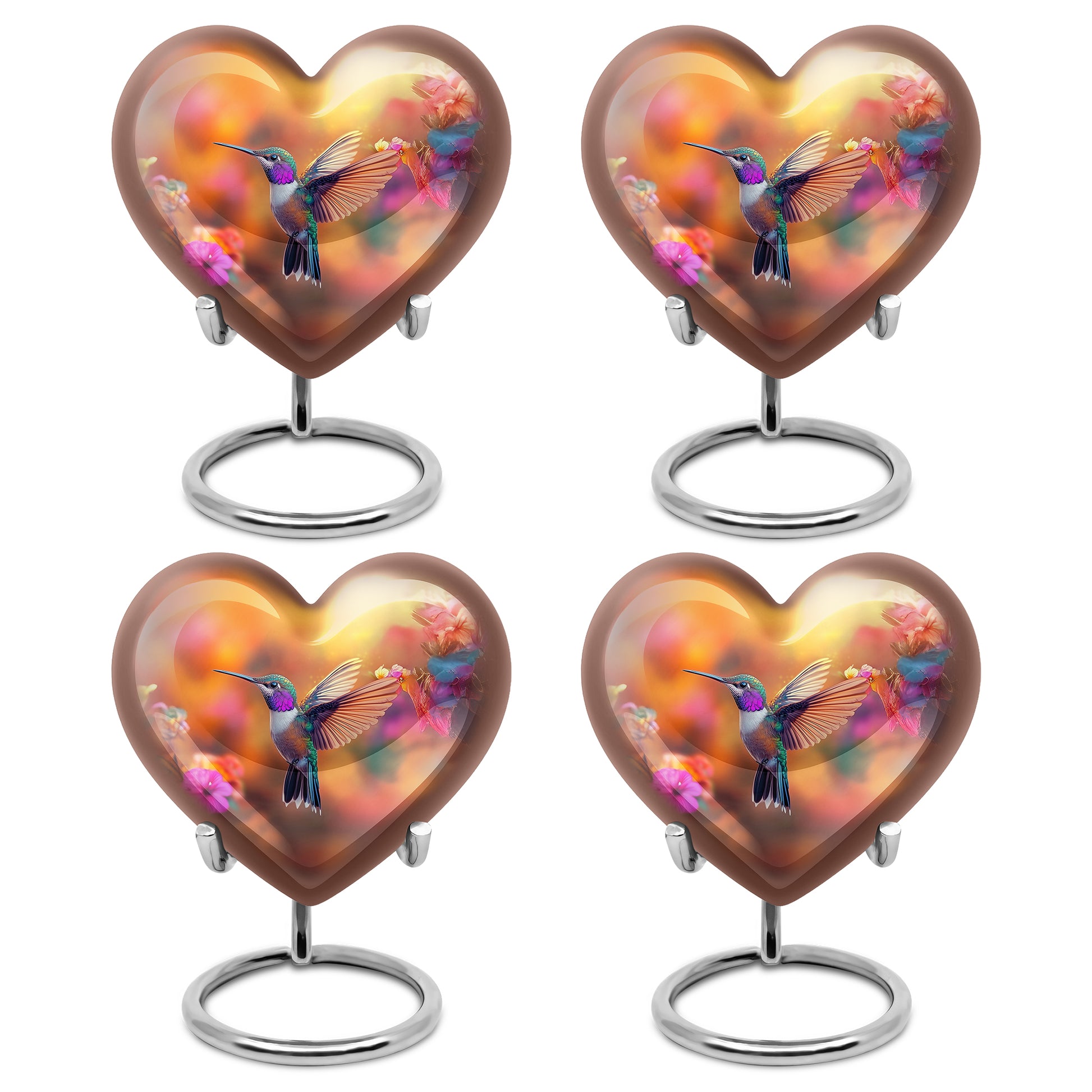Gilded Gold Hummingbird Cremation Urn angled view of lid and engraved motif - loving heart memorial featuring hummingbird pattern - 10 inch aluminum urn for cremated remains