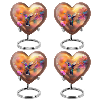 Gilded Gold Hummingbird Cremation Urn angled view of lid and engraved motif - loving heart memorial featuring hummingbird pattern - 10 inch aluminum urn for cremated remains