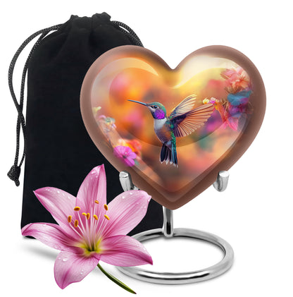 Royal Gold Hummingbird Cremation Urn detail view - compassionate heart-hummingbird combination with gentle curves - full-size 10 inch 200 cubic inch adult cremation urn