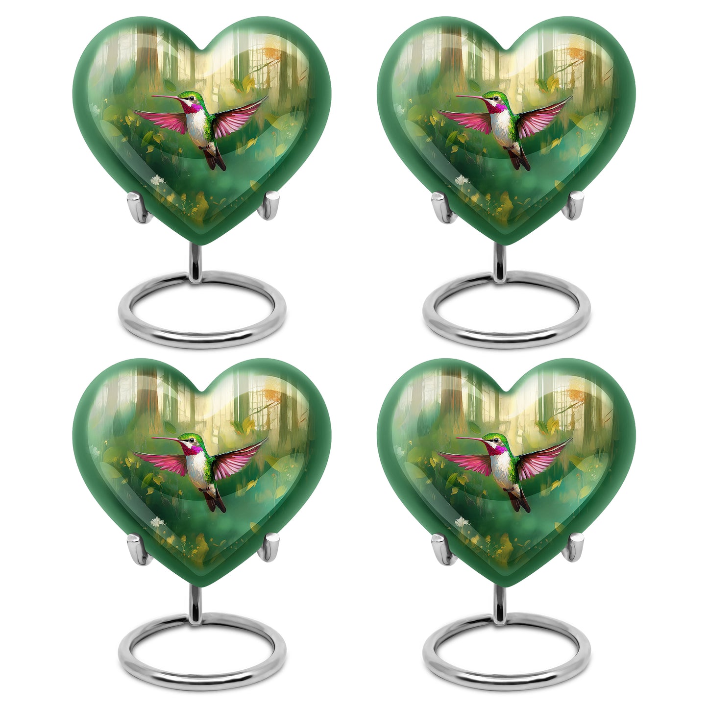 Verdant Green Hummingbird Cremation Urn angled view of lid and engraved motif - heart-shaped hummingbird design symbolizing eternal love - 10 inch aluminum urn for cremated remains